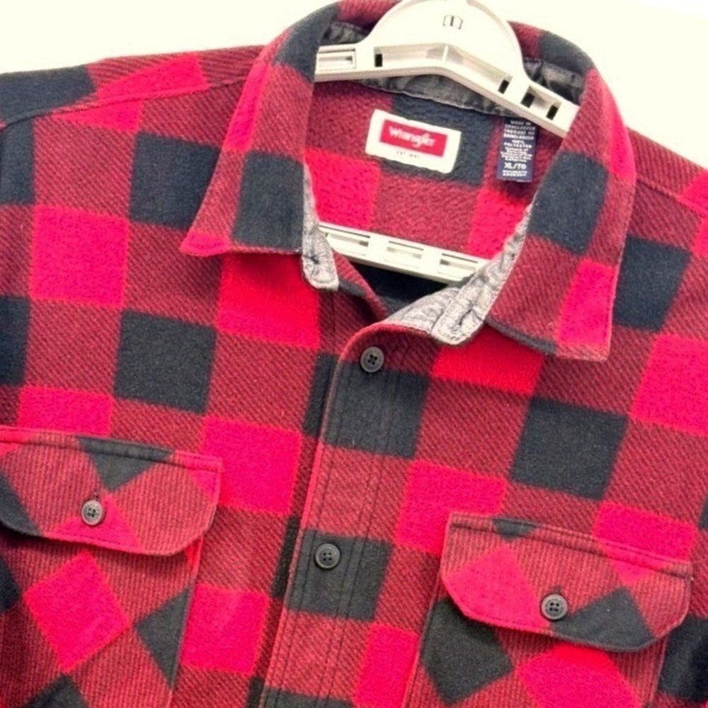 Wrangler Mens Buffalo Plaid Check Flannel Shirt XL Red Black Long Sleeve Shacket